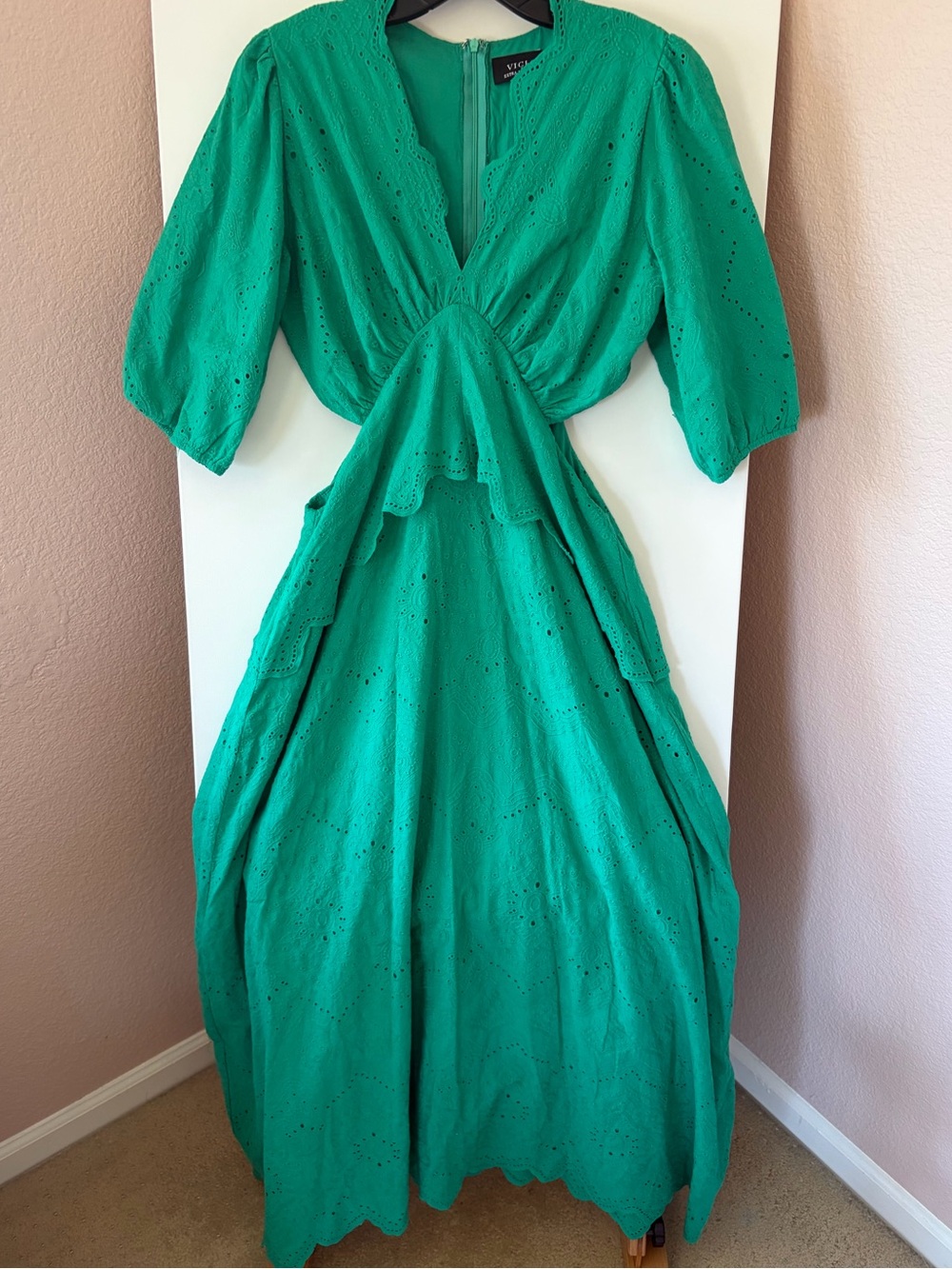 VICI Green Cotton Eyelet Cut Out Maxi Dress XL Handkerchief Hem Summer Boutique